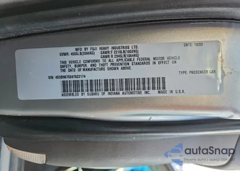 2004 Subaru Legacy Outback Awp from USA, damaged, VIN 4S3BH675347622174